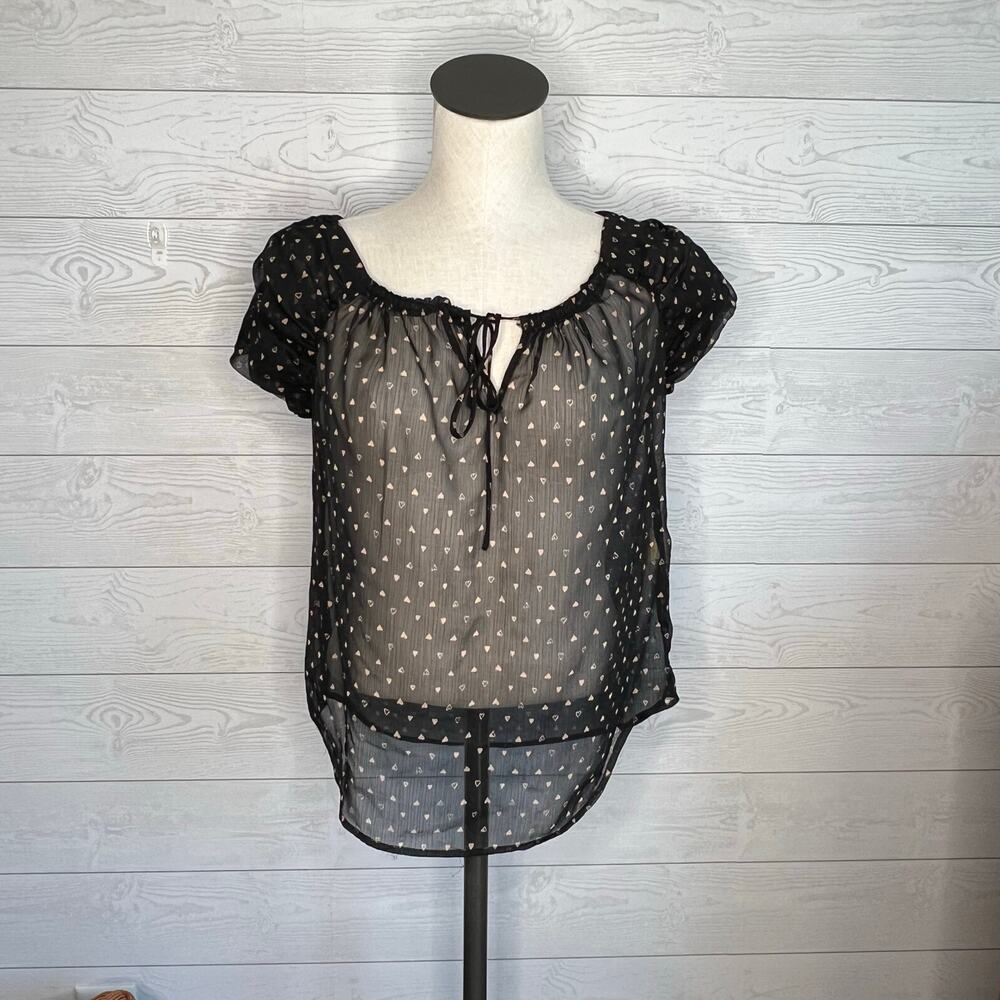 Princess Vera Wang sheer black with pink heart print peasant top Size small